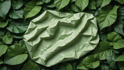 Fototapeta premium Close-up of a crumpled paper surrounded by lush green leaves, creating a natural and eco-friendly background created with generative ai.