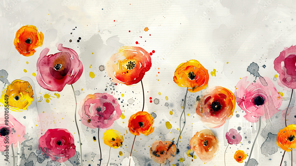 Wall mural Watercolor whimsical ranunculus with splattering, playful and energetic, light gray background