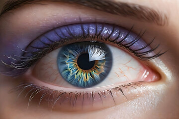 Naklejka premium Close Up Of Blue Eye With Purple Eyeshadow.