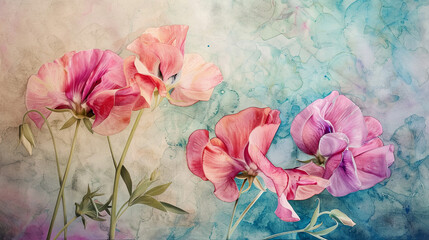 Watercolor whimsical sweet peas using layering (glazing), creating depth with rich colors, textured paper background