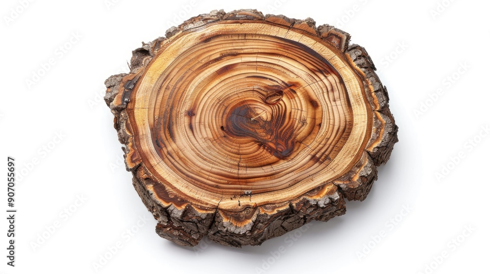 Poster slice of wood with bark isolated on white background view from below