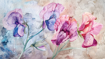 Watercolor whimsical sweet peas using layering (glazing), rich hues creating depth, textured paper background