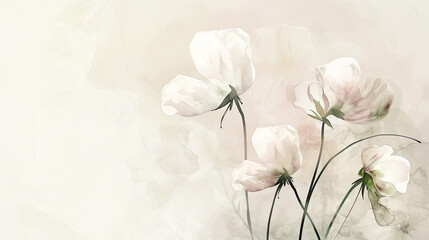 Watercolor whimsical sweet peas with feathering, delicate and smooth edges, airy feel, light background