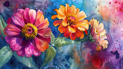 Watercolor whimsical zinnias using layering (glazing), creating depth with rich hues, textured paper background