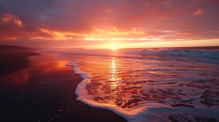 Sunset on a Sandy Beach with Waves Crashing