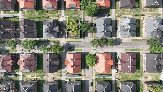 Aerial drone view of the Bobrek Bytom housing estate complex. The historic Bobrek workers estate in Bytom, Poland. Old Silesian workers estate. Old brick housing estate.
