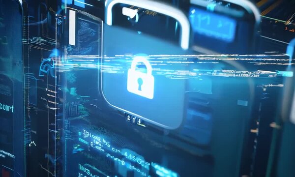 Visual representation of secured digital data files and glowing network locks, emphasizing cybersecurity and information protection
