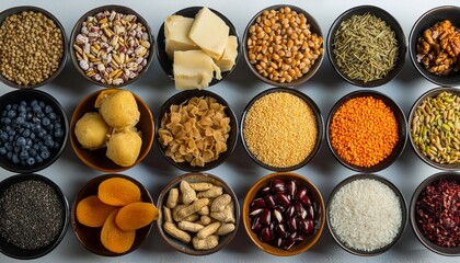 Various types of food grains, beans, seeds, nuts and corns on small bowls isolated on white background for mockup design. Whole grains, Organic foods