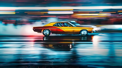 Dynamic and high-action scene of drag racing event, cars speeding down the strip