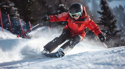 Captivating image of a freestyle skiing competition in a snowy terrain