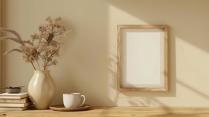 Interior of modern living room with blank picture frame, coffee cup and dried flowers in vase. Mock up