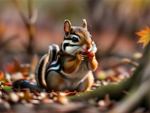 A chipmunk stuffing its cheeks with nuts in an autumn forest.