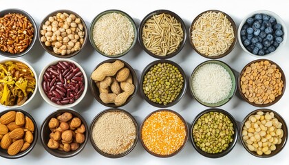 Various types of food grains, beans, seeds, nuts and corns on small bowls isolated on white background for mockup design. Whole grains, Organic foods