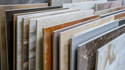 Colorful samples of ceramic tiles displayed in the showroom of a large store.