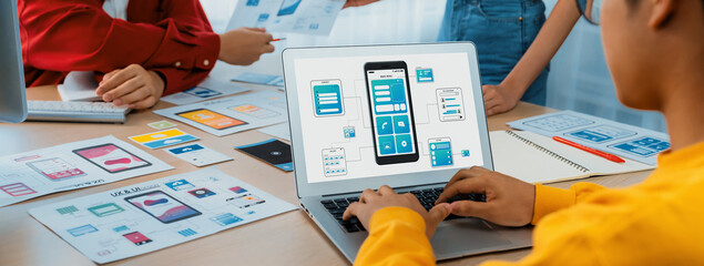 Panorama banner of startup UX developer or company employee design user interface or UI prototype...