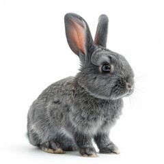 Fototapeta premium Adorable Bunny Charm: A Playful Portrait of a Cute Gray Rabbit Pet on a Pure White Background, Exuding Innocence and Whimsy