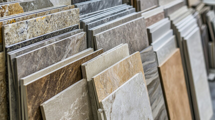 Colorful samples of ceramic tiles displayed in the showroom of a large store.
