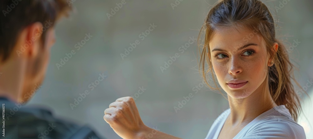 Poster self defense training in studio setting with focus on technique and movement