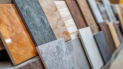 Colorful samples of ceramic tiles displayed in the showroom of a large store.