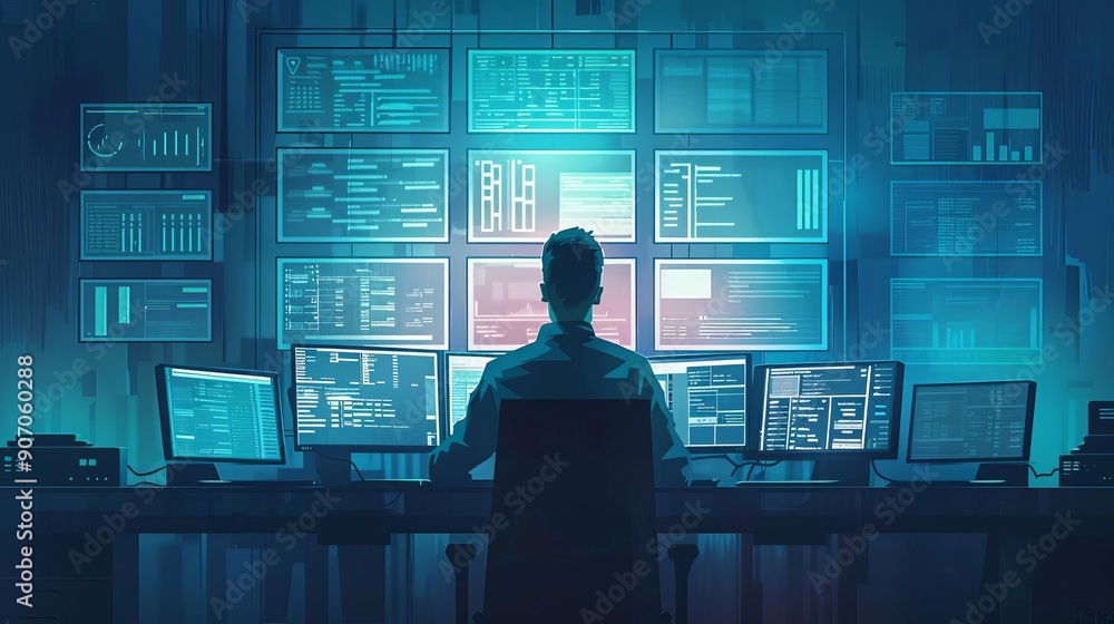 Poster cybersecurity specialist setting up identity and access policies on a management console, identity a