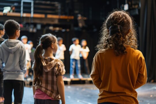 Energetic School Drama Club Rehearsal Scene, Students Practicing on Stage for a Play Performance - Powered by Adobe