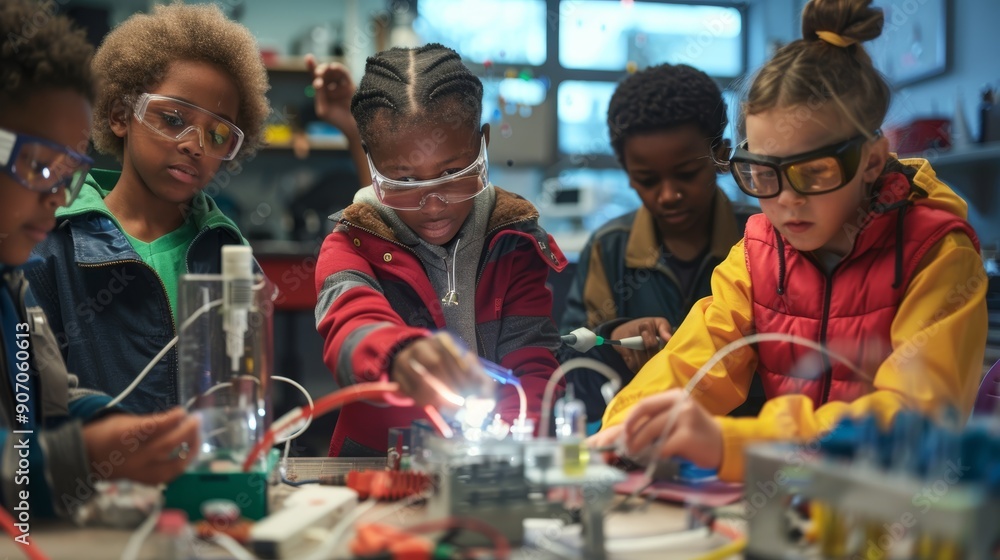 Poster diverse group of students conducting a science experiment with wires and batteries in school lab