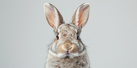 Obraz premium Adorable Bunny Charm: A Playful Portrait of a Cute Gray Rabbit Pet on a Pure White Background, Exuding Innocence and Whimsy