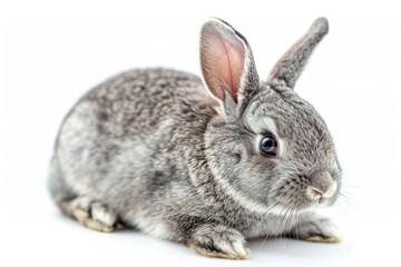 Fototapeta premium Adorable Bunny Charm: A Playful Portrait of a Cute Gray Rabbit Pet on a Pure White Background, Exuding Innocence and Whimsy