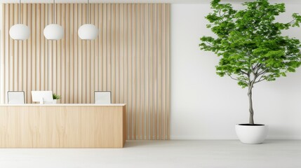Bright and Airy Office Reception with Natural Elements and Clean Design Aesthetics
