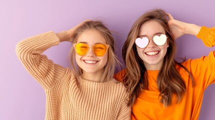 Two Happy Young Women Wearing Stylish Sunglasses and Bright Outfits in Vibrant Background
