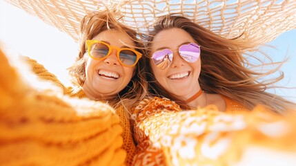 Two Young Women in Stylish Sunglasses Capturing Fun Moments on a Sunny Day with Radiant Smiles
