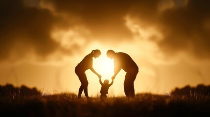 Happy Family Bonding Time at Sunset: Parents and Child Silhouetted by the Glowing Sky
