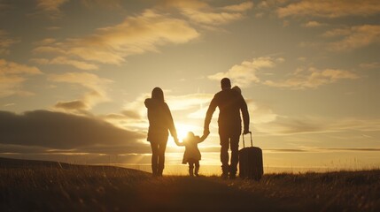 Heartwarming Family Sunset Stroll: Parents and Child Walking Together, Silhouetted Against Sky

