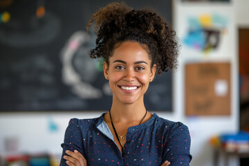 Smiling African American female teacher in colorful classroom