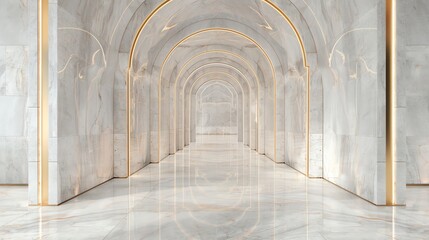 A stunning marble corridor with elegant arches and golden accents, perfect for showcasing luxury and architectural design.