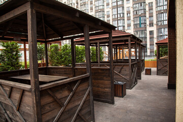 Wooden gazebos in a residential complex
