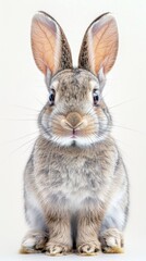 Obraz premium Adorable Bunny Charm: A Playful Portrait of a Cute Gray Rabbit Pet on a Pure White Background, Exuding Innocence and Whimsy