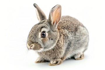 Fototapeta premium Adorable Bunny Charm: A Playful Portrait of a Cute Gray Rabbit Pet on a Pure White Background, Exuding Innocence and Whimsy