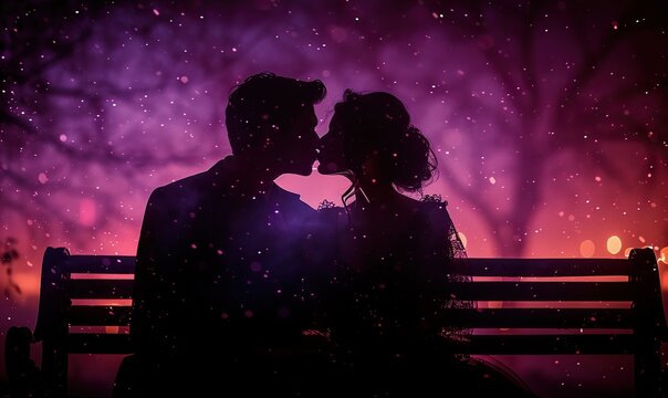A romantic couple is sharing a kiss while sitting on a bench against a purple background, emphasizing their love.