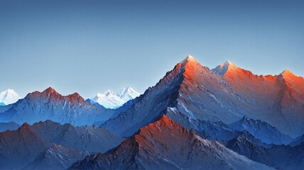 Fototapeta premium Mountain Range at Sunset, a vibrant mountain range with snow-capped peaks bathed in the warm glow of a sunset.
