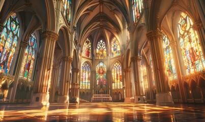 Ancient cathedral: majestic cathedral with Gothic arches, stained glass windows and carved sculptures
