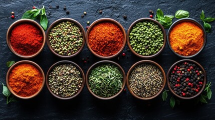 Assortment of Spices and Herbs in Bowls on a Black Surface