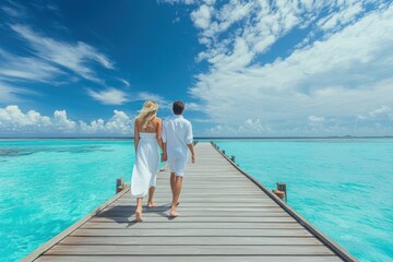 A young couple in white walking on a wooden pier at a tropical island