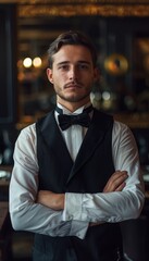 Fototapeta premium Elegant Waiter in Tuxedo Serving Fine Dining Experience in a Restaurant with a Copy Space on a Dark Background