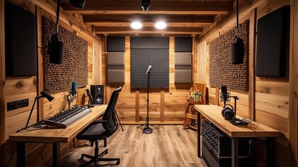 A cozy modern podcast recording studio with professional equipment, featuring soundproofing panels, microphones, a mixing console, and ergonomic chairs.