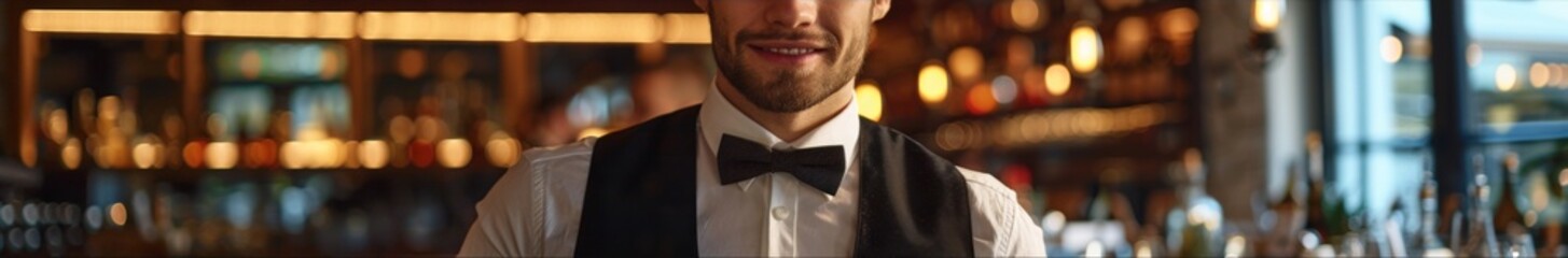 Elegant Waiter in Tuxedo Serving Fine Dining Experience in a Restaurant with a Copy Space on a Dark Background