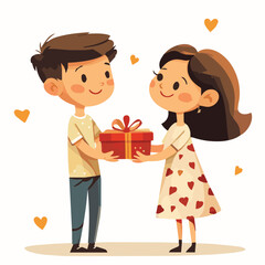 Vector illustration of Cute boy giving Gift for his Girlfriend. Valentine day