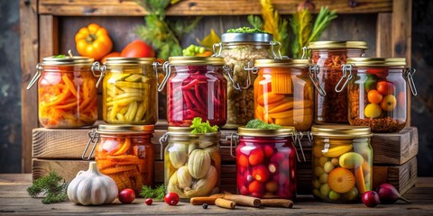 A Rustic Still Life of Preserved Vegetables in Glass Jars, Jars of Pickles and Preserves, Rustic Kitchen Still Life, Preserved Food, Canning , pickling, jars