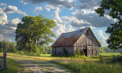 Obraz premium Charming rural landscape with a rustic barn, pastoral serenity