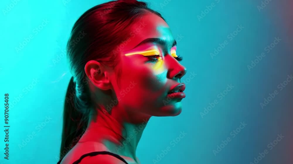 Poster A model showcases striking neon makeup and bold eyeliner while posing against a colorful backdrop in a studio setting.